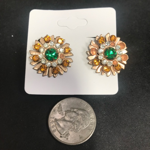 Vintage 50s 60s Green Orange Clear Rhinestone Earrings Screw Clip On Flowers - Picture 4 of 4